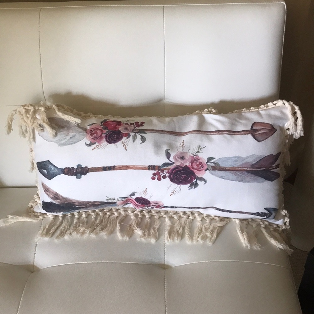 Boho feather arrow floral fringe crochet pillow
